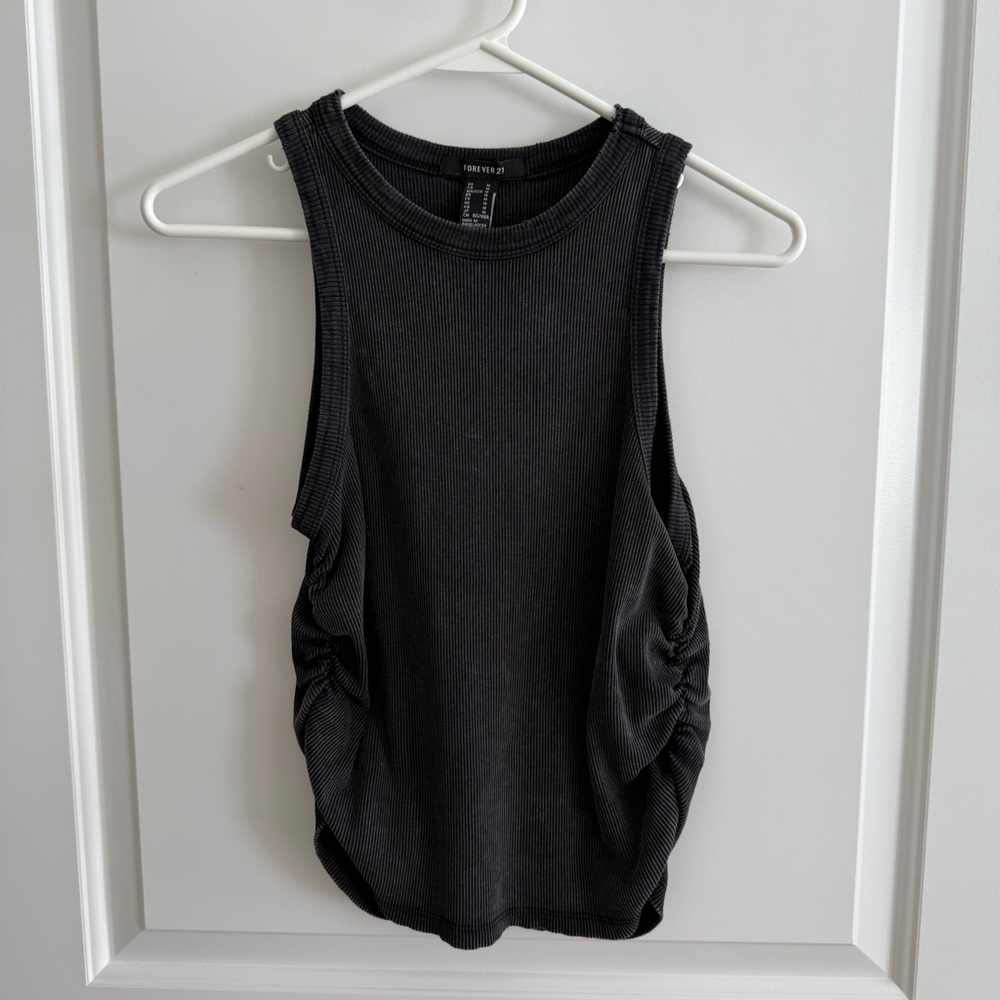 Black Ribbed Tank Top with ruching